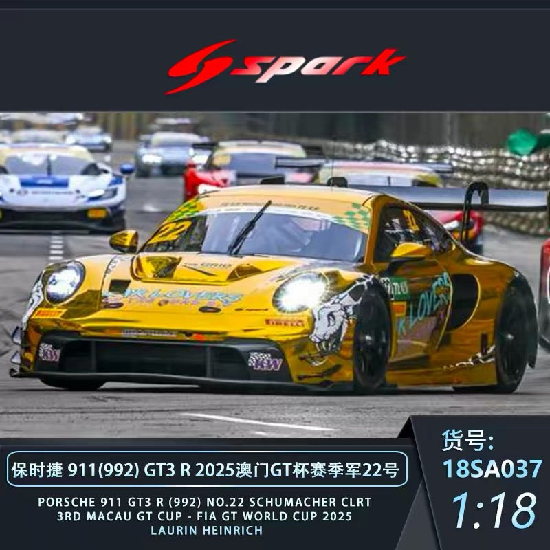 SPARK 1/18 2025 Macau GT Cup Third Place Winner: Porsche 911 GT3R Model 18SA037