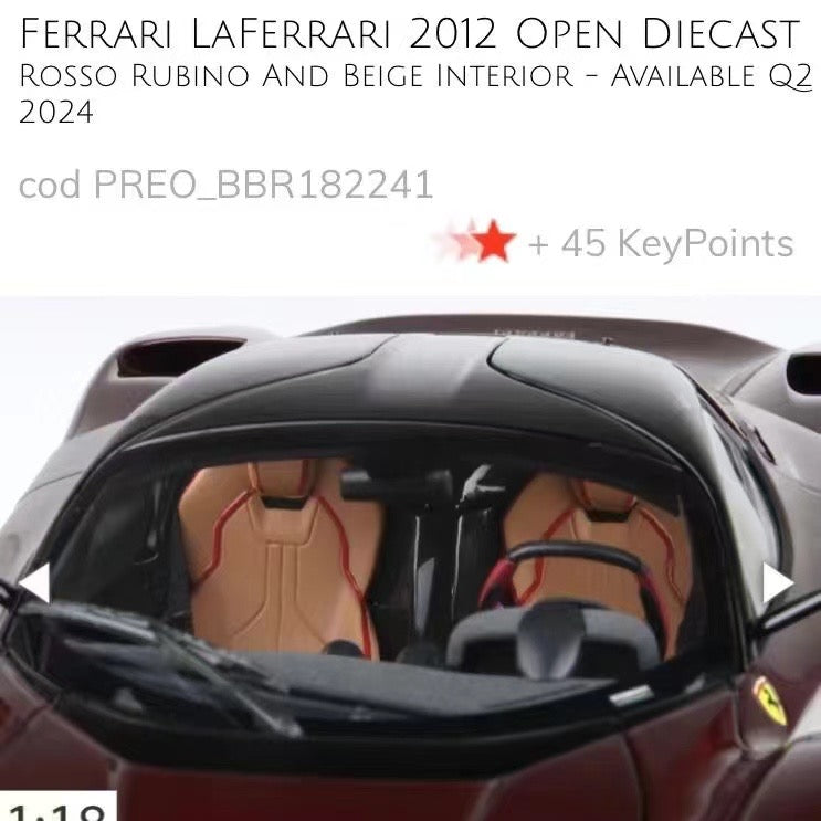 Ferrari Lafa BBR 1/18 - Modelo de coche de simulación de aleación roja metalizada, totalmente abierto, adorno