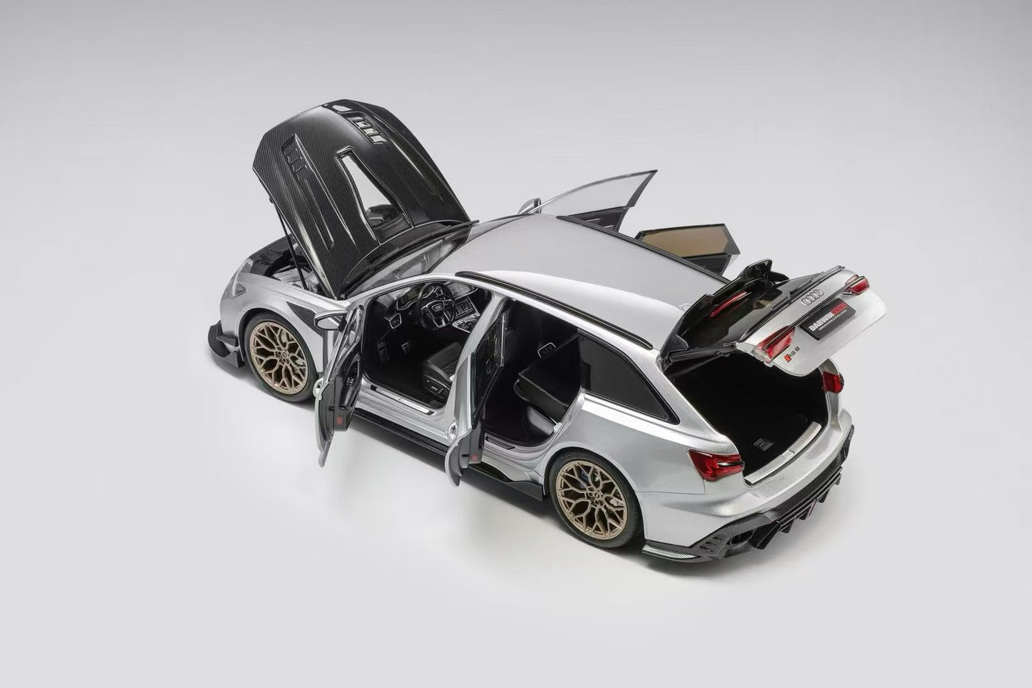 KiloWorks 1:18 Diecast Model — DarwinPRO Audi RS6 (Fully Opening) — Blade Silver — Carbon Fiber Hood with Vossen HF2 Wheels