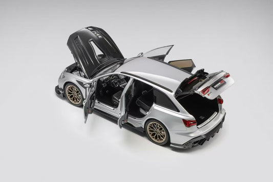 KiloWorks 1:18 Diecast Model — DarwinPRO Audi RS6 (Fully Opening) — Blade Silver — Carbon Fiber Hood with Vossen HF2 Wheels