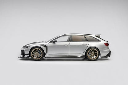 KiloWorks 1:18 Diecast Model — DarwinPRO Audi RS6 (Fully Opening) — Blade Silver — Carbon Fiber Hood with Vossen HF2 Wheels