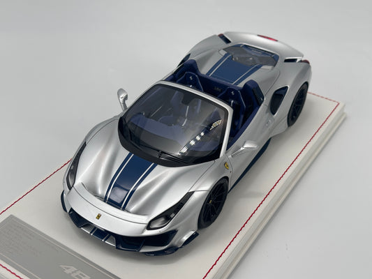 DM 1/18 Ferrari 488 Pista Spider White Base with Metallic Silver/Blue Decals Simulated Car Model FPC015A