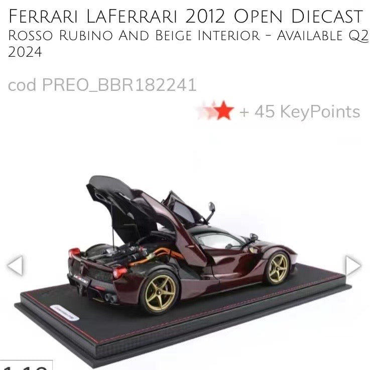 Ferrari Lafa BBR 1/18 - Modelo de coche de simulación de aleación roja metalizada, totalmente abierto, adorno