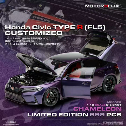 MOTORHELIX 1/18 Diecast Fully Opening Car Model: Honda Civic TYPE R (FL5) Customized