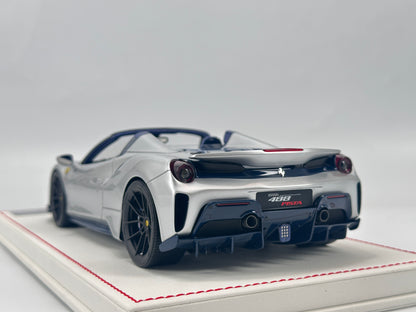 DM 1/18 Ferrari 488 Pista Spider White Base with Metallic Silver/Blue Decals Simulated Car Model FPC015A