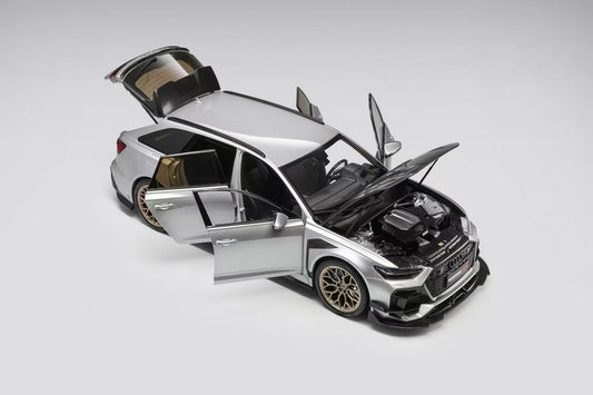 KiloWorks 1:18 Diecast Model — DarwinPRO Audi RS6 (Fully Opening) — Blade Silver — Carbon Fiber Hood with Vossen HF2 Wheels