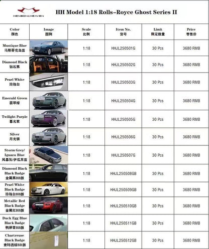 pre-sell HH Model 1/18 Rolls-Royce Ghost Series II‎ ͏ Limited edition car model ornaments